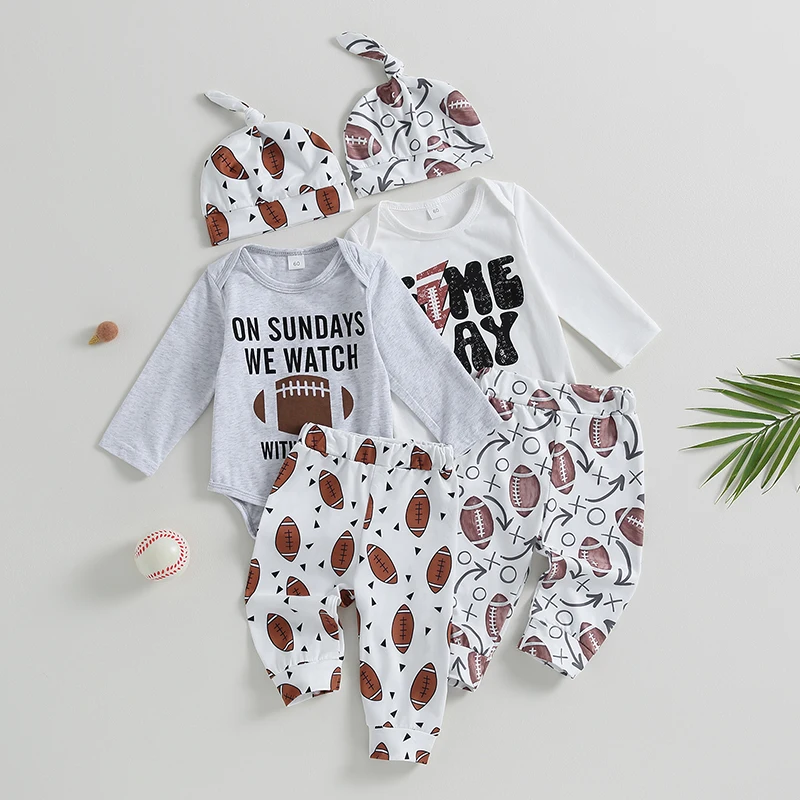 

2023-05-10 Lioraitiin 0-12M Infant Baby Boys Outfit Long Sleeve Letters Romper with Rugby Print Pants Hat 3Pcs Clothes