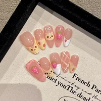 10pcs Pink Almond Press On Nails Handmade Oval French Style False Nails 3D Pink Strawberry Cute Bear Designs Fake Nail For Women
