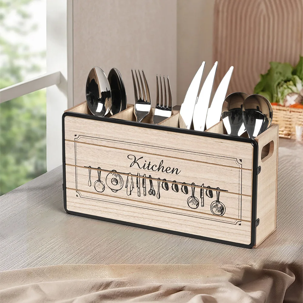 Wooden Kitchen Utensil Organizer Multi-Compartment Desktop Storage Box for Chopsticks Spoons Forks Knives Durable Cutlery Tray