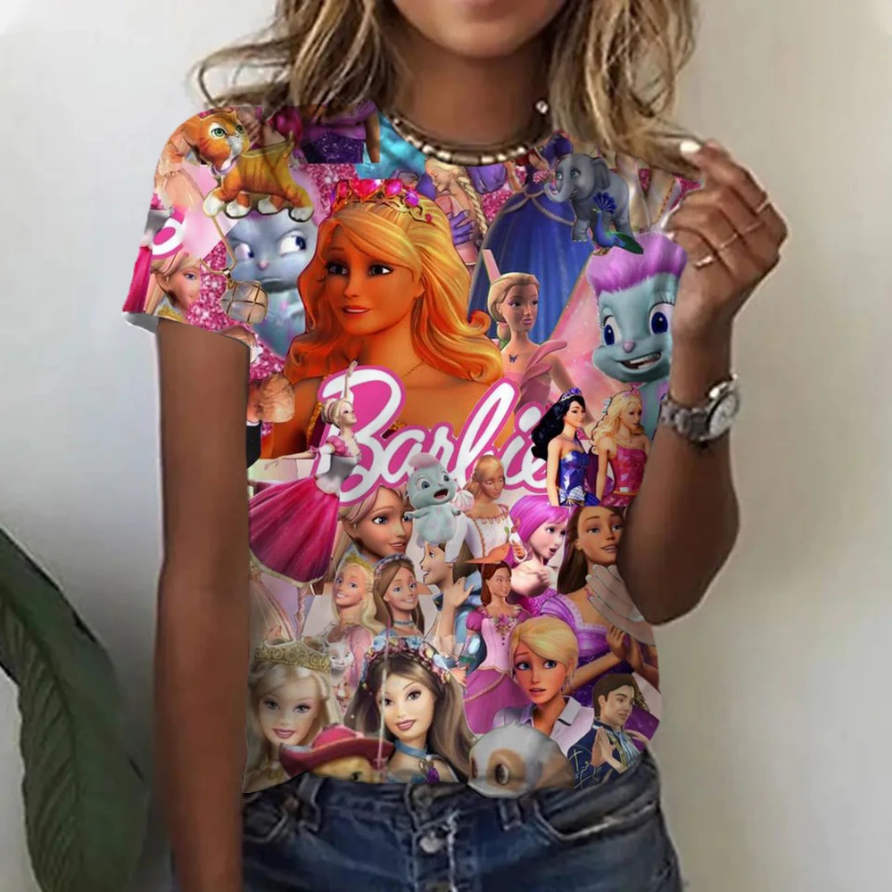 

Kawaii Barbie Princess Print T-shirt Women's Top Summer Children's T-shirt Leisure O-neck Ohana Barbie Princess T-shirt