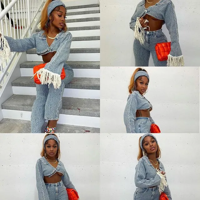 Fashion Denim Women's Set Tassel Long Sleeve Crop Jean Jackets And Pants With Scarf 2023 Autumn Two 2 Piece Set Outfit Tracksuit
