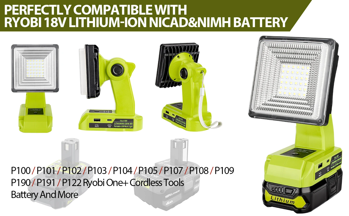 Cordless LED Work Light for Ryobi 18V Battery 25W LED Floodlight with USB-A Fast