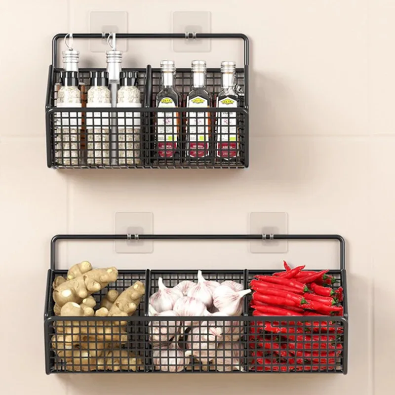 Kitchen Wall Mounted Storage Rack Onion Ginger Garlic Condiments Spice Kitchen Shelf Punch-Free Vegetable Fruit Drain Basket - 3