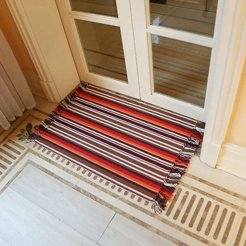 2025 Newest Retro Hand Woven Cotton Linen Carpet Tassel Bedside Rug Geometric Floor Mat Living Rooms Bedroom Home Decor Optional 3