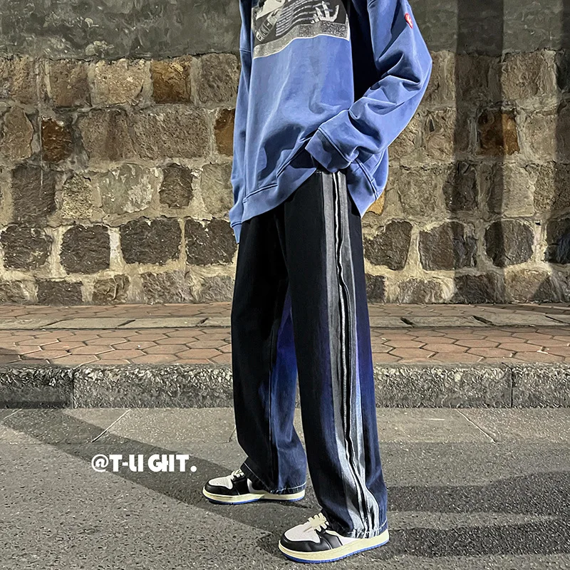 ICCLEK High Street Stitching Jeans Straight Wide-leg Jeans Autumn Men's Jeans Loose Casual Trousers Mens Jeans  Men Clothing