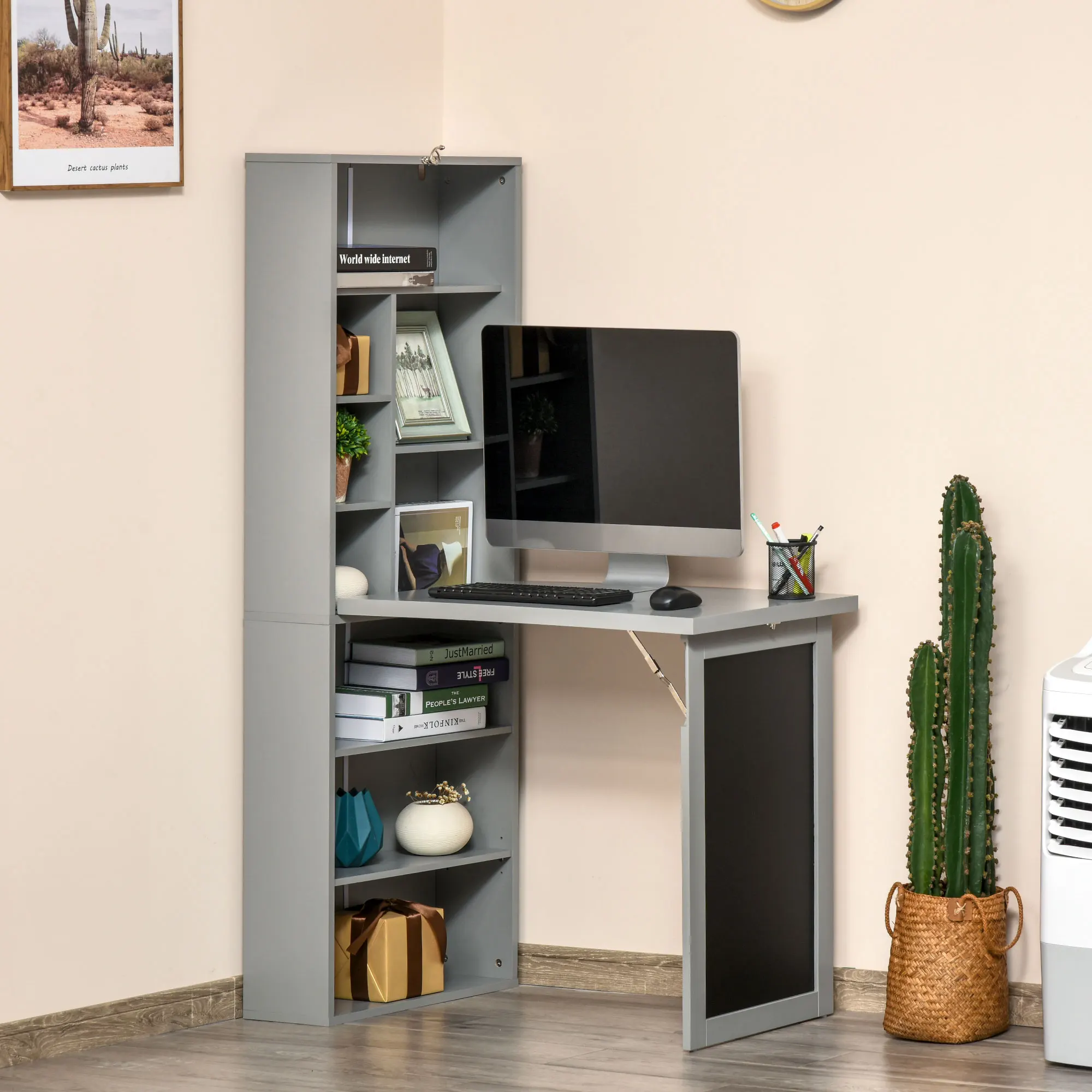 Homcom Fold-Out Convertible Office Desk, Wall Mount Computer Desk with Blackboard and Side Shelf, Charcoal Gray 3