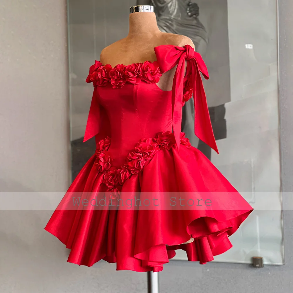 Cocktail Dress Mini 3D Flowers Off the Shoulder Short Evening Party Gown Woman Ruched Backless Lace Up