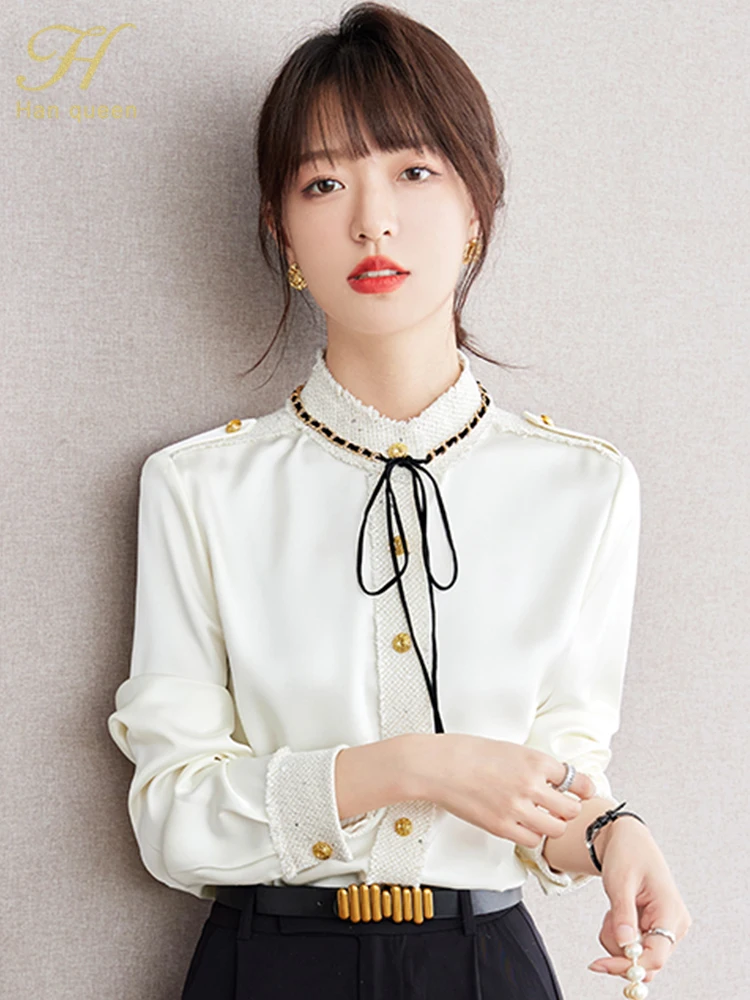 

H Han Queen 2024 Spring Chiffon Shirt And Blouse Women Elegant Long Sleeve Office Vintage Tops Loose Casual Shirts Women Clothes
