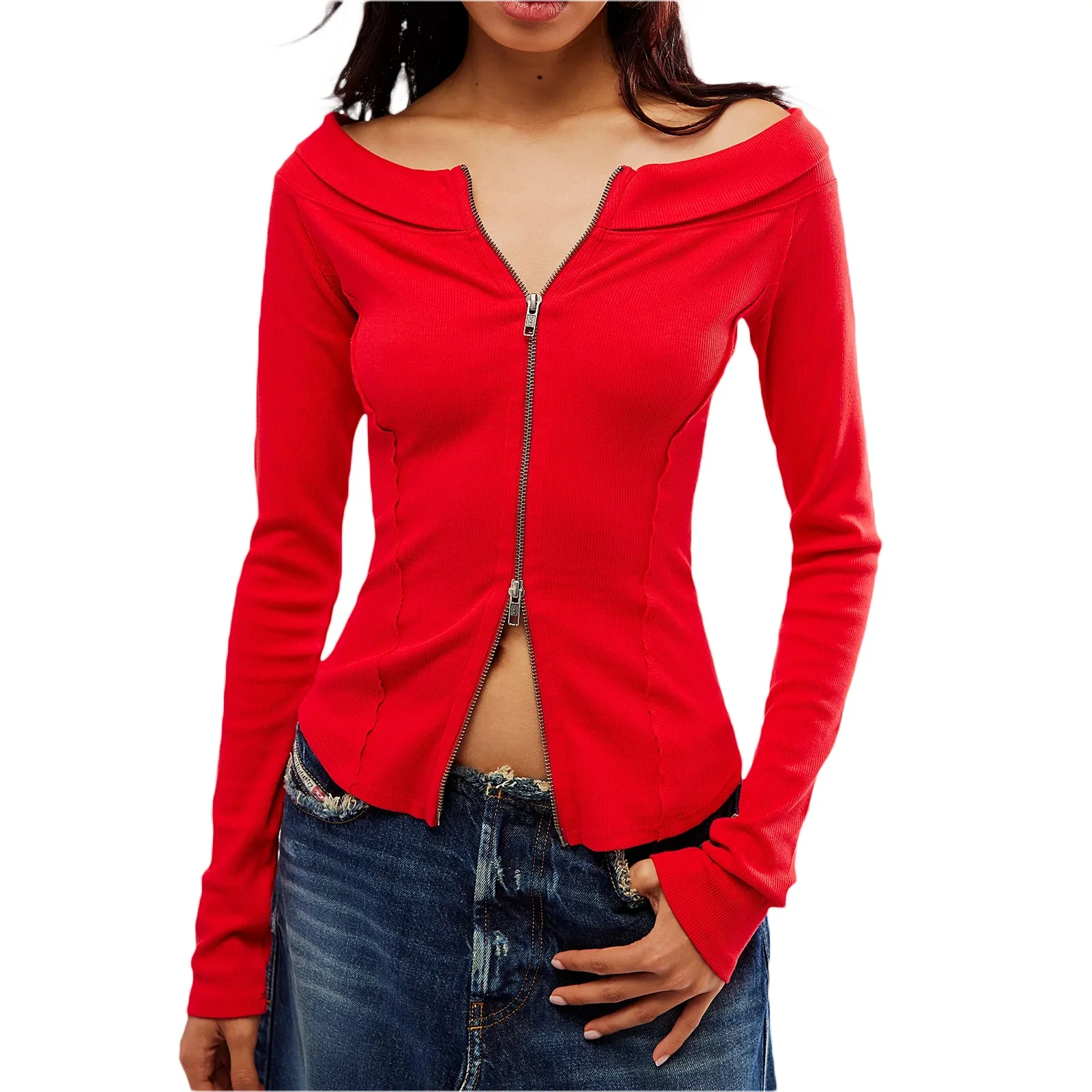 

Women's Classic Ribbed Knit Shirt Double Zip Up Slim Knitwear Solid Long Sleeve Scoop Neckline Slim Fitted Shirts Streetwear