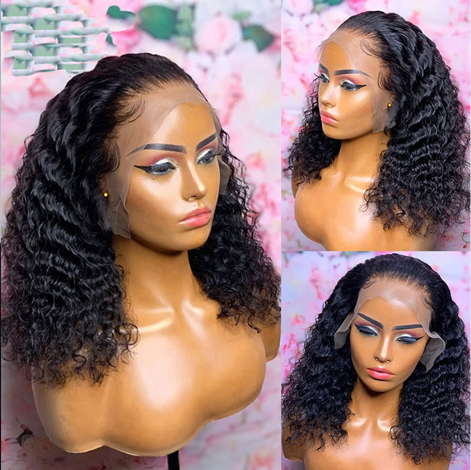 Kinky Curly Preplucked Baby Hair Short Bob Lace Front Wig Middle Part 16inch 180density Wig Lace Frontal Wig Natural Hairline