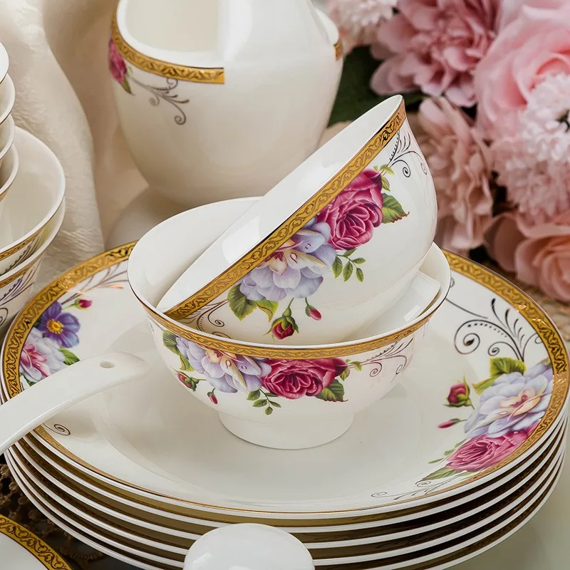 60 Heads Jingdezhen Bone China Dishes Set Pot Dinner Tableware Rice Bowl Soup Bowl Salad Noodles Plate Dish Dinnerware