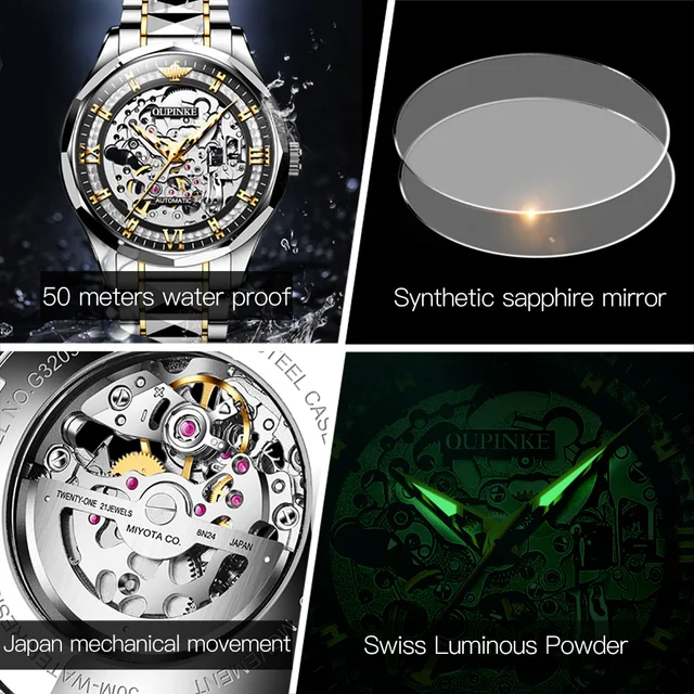 OUPINKE 2022 Automatic Mechanical Watch Men Self-winding Skeleton Luminous Water proof Sapphire Mirror Stainless Steel Original 4