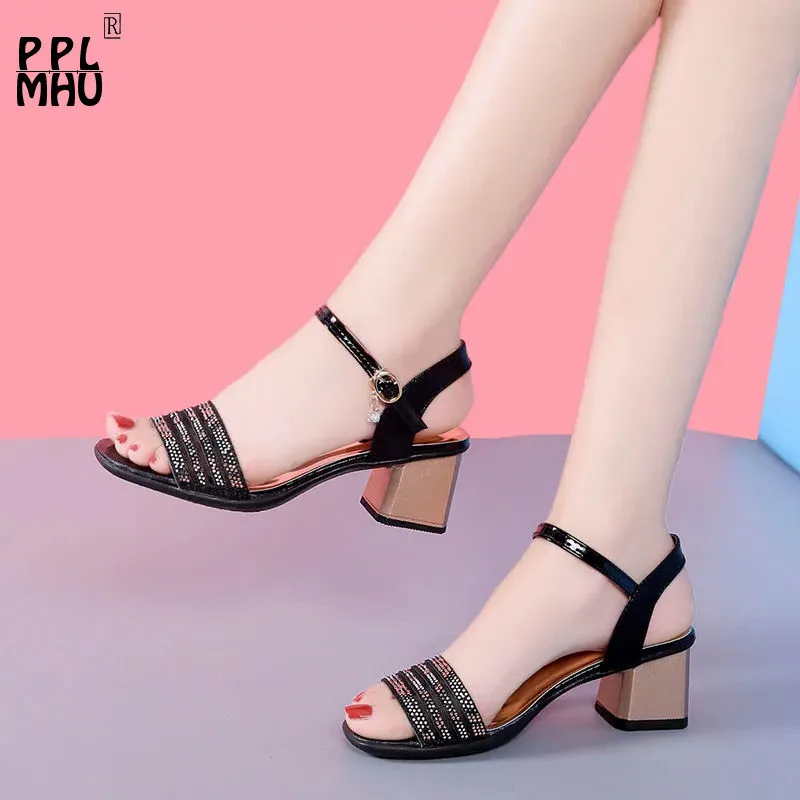 Patent Leather Mesh Breathable Women Sandals Elegant Nonslip Square