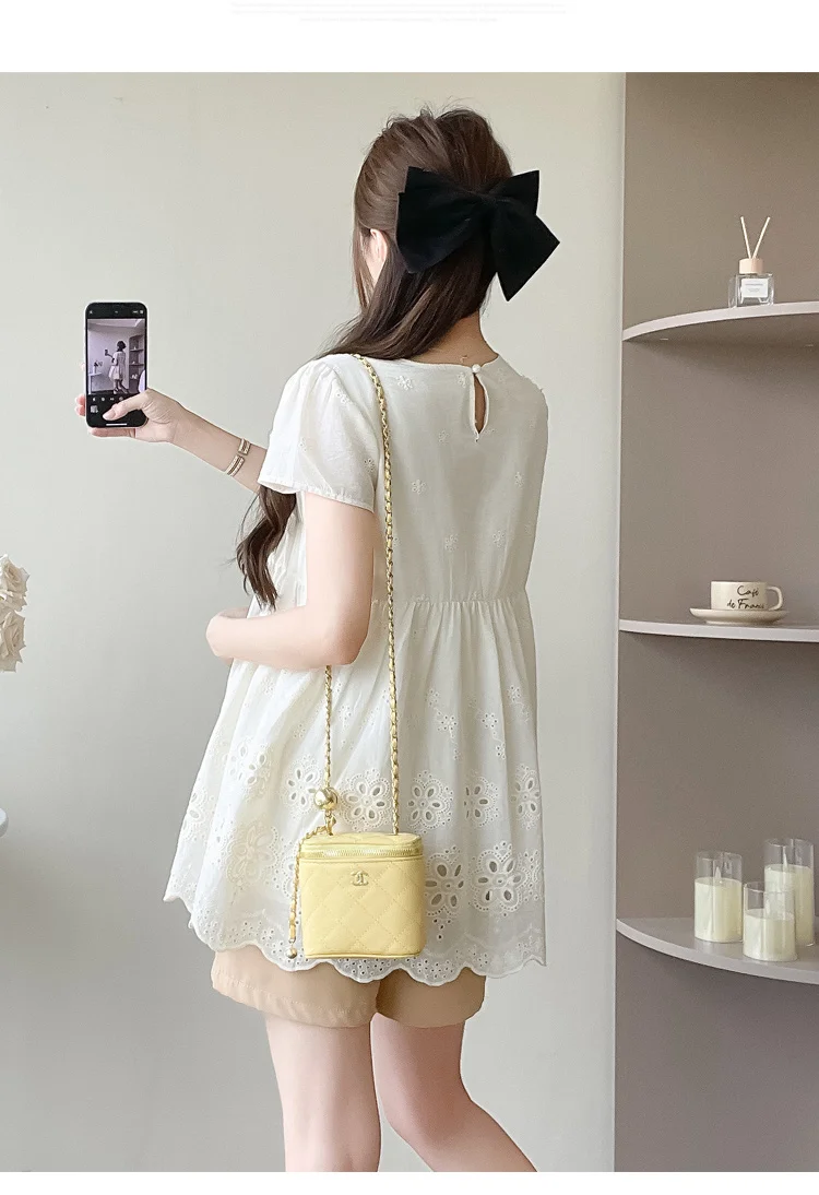 Pregnant Women's Summer Loose Clothes Set Hollow Out Embroidery Lace Shirts Belly Shorts Two Pieces Set Maternity Blouses Suits