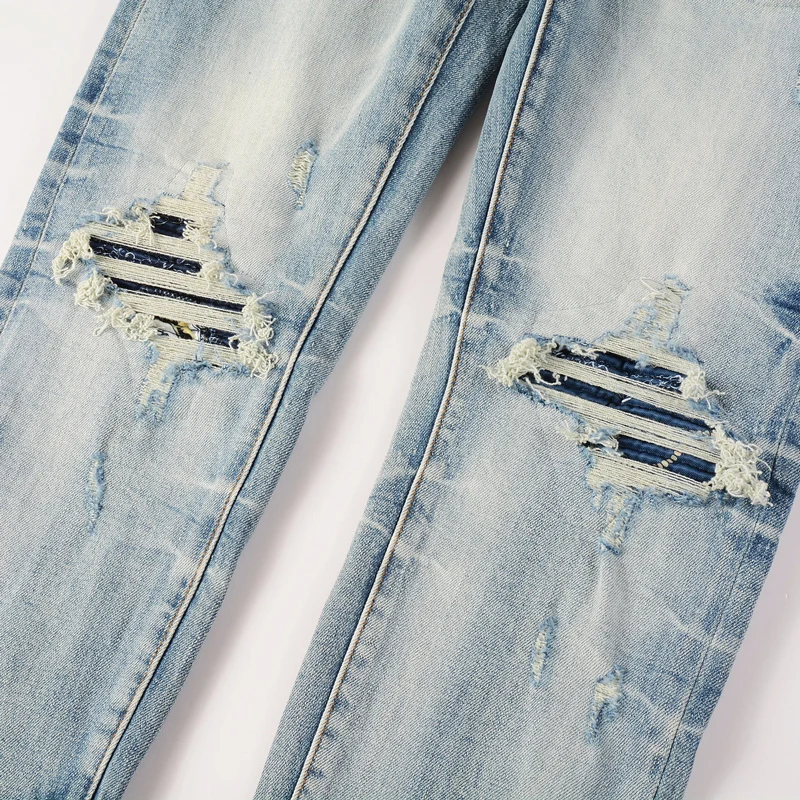 Fashionable New Men's Jeans Water Washed Elastic Slim Fit Light Blue Split Jeans High Street Trendy Latest Designer Hip Hop Pant