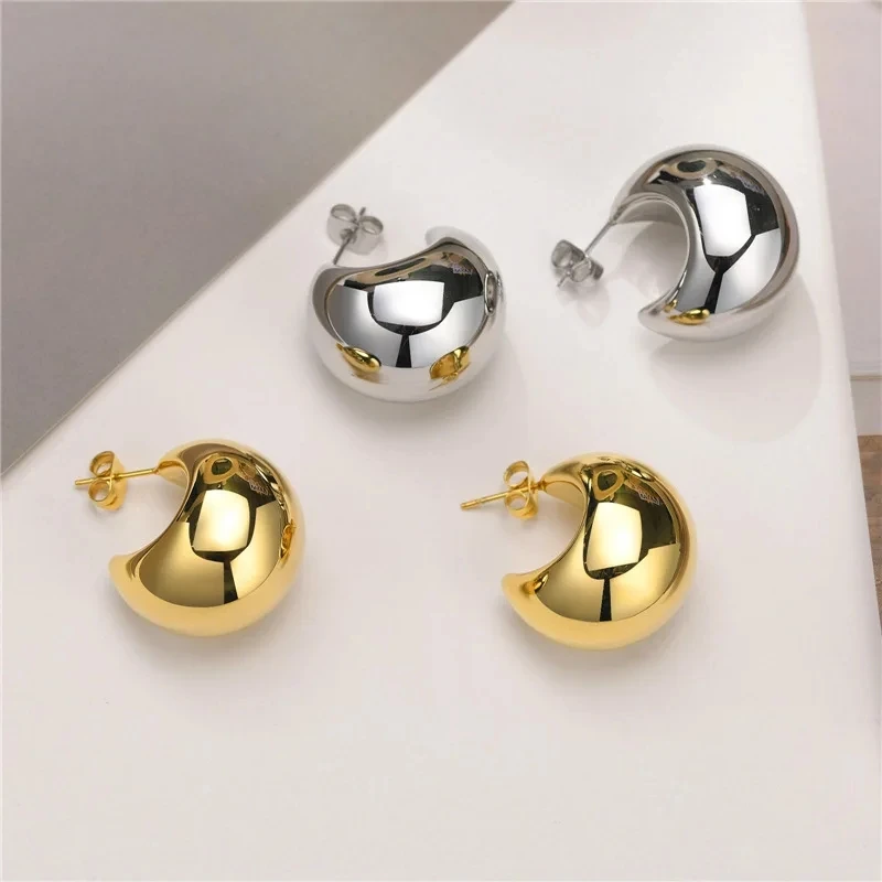 Vintage Plated Gold Smooth Metal Earrings for Women Glossy Shiny