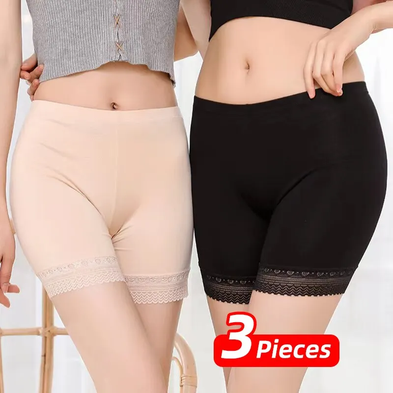 Description Picture 3 of item3 Pieces Womens Panties Safety Short Pants Underwear Anti Exposure L XL Black Skin High Waist Traceless Lace