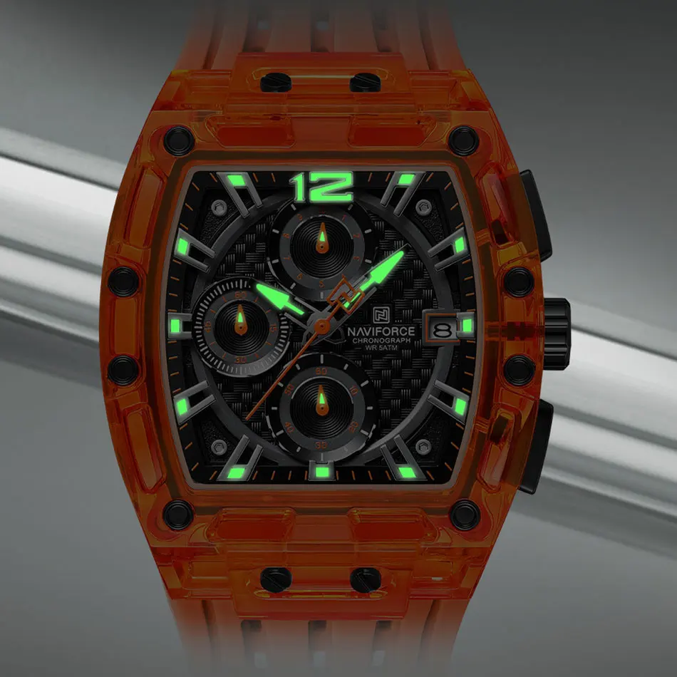 NAVIFORCE - Orologio da polso da uomo, alla moda, sportivo, rettangolare, cronografo, impermeabile, luminoso, calendario, cinturino in silicone, orologio al quarzo per uomo, Oro, Cinturino