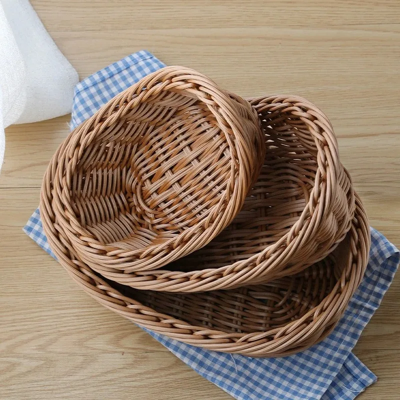 Imitation Rattan Storage Basket Woven Decorative Serving Tray for Fruit Snacks Tabletop Bathroom Kitchen Counter Organizer
