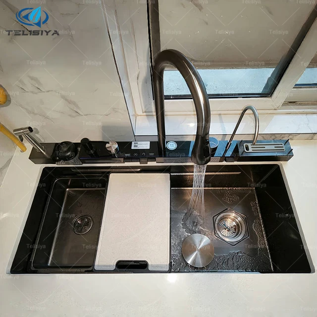 อ่างล้างจานสแตนเลสดิจิตอลจอแสดงผลน้ําตกล้างจานอ่างล้างหน้ามัลติฟังก์ชั่นพร้อมชั้นวางสําหรับมีดขนาดใหญ่ช่องเดียว 1