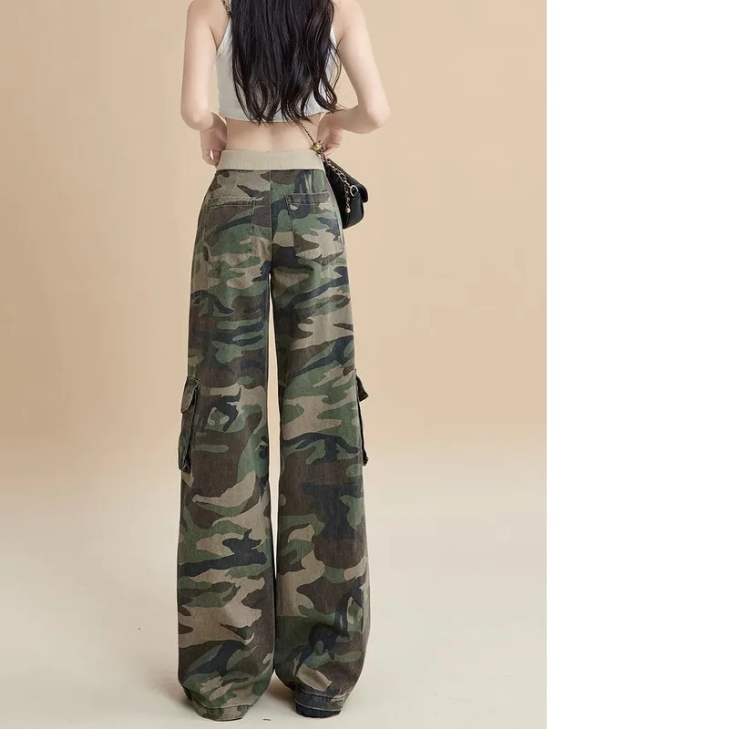 Denim Planet Camouflage Workwear Women's Summer New 2024 Loose And Slimming Spicy Girl High Waisted Flanged Straight Leg Mop