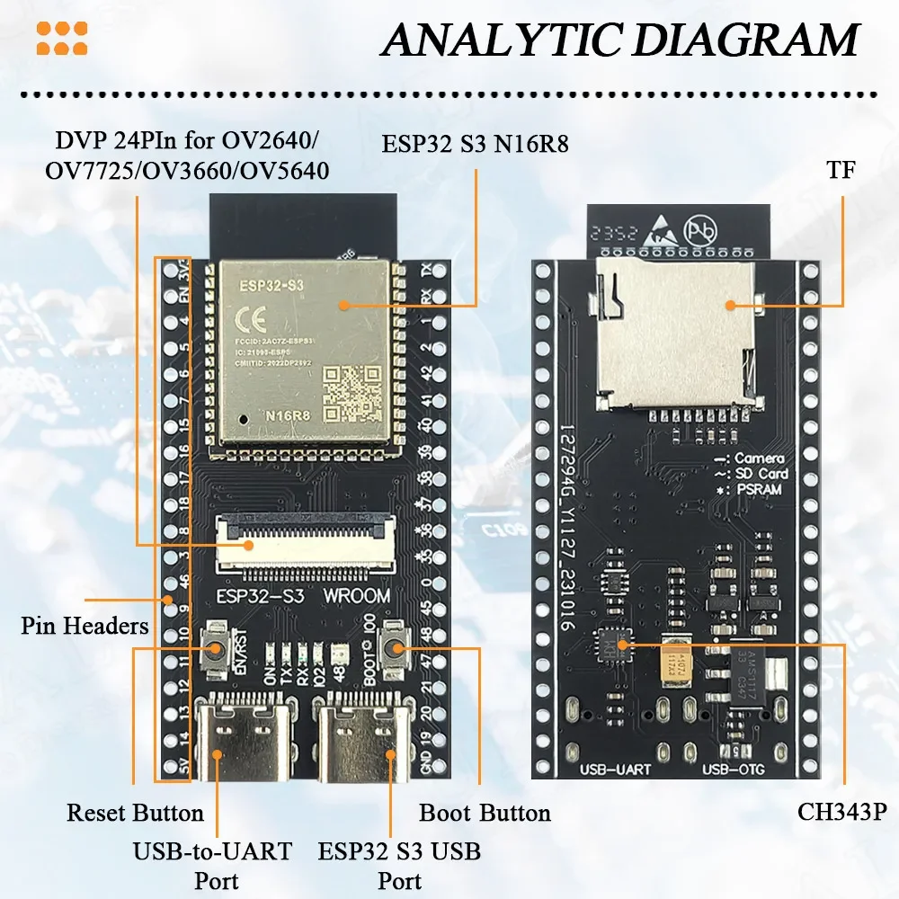 캠 개발 보드 2.4G 와이파이 BT 카메라 모듈, OV2640 OV5640, 8MB PSRAM, 16MB 플래시 ESP32-S3WROOM N16R8, ESP32 S3 N16R8