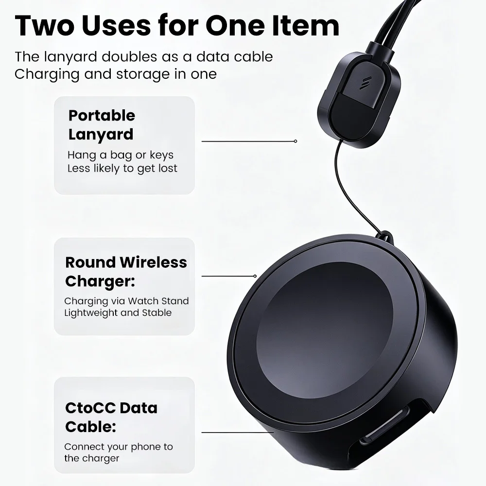 Portable Magnetic Wireless Charger with Lanyard and Type-C to C Cable, 2.5W Output