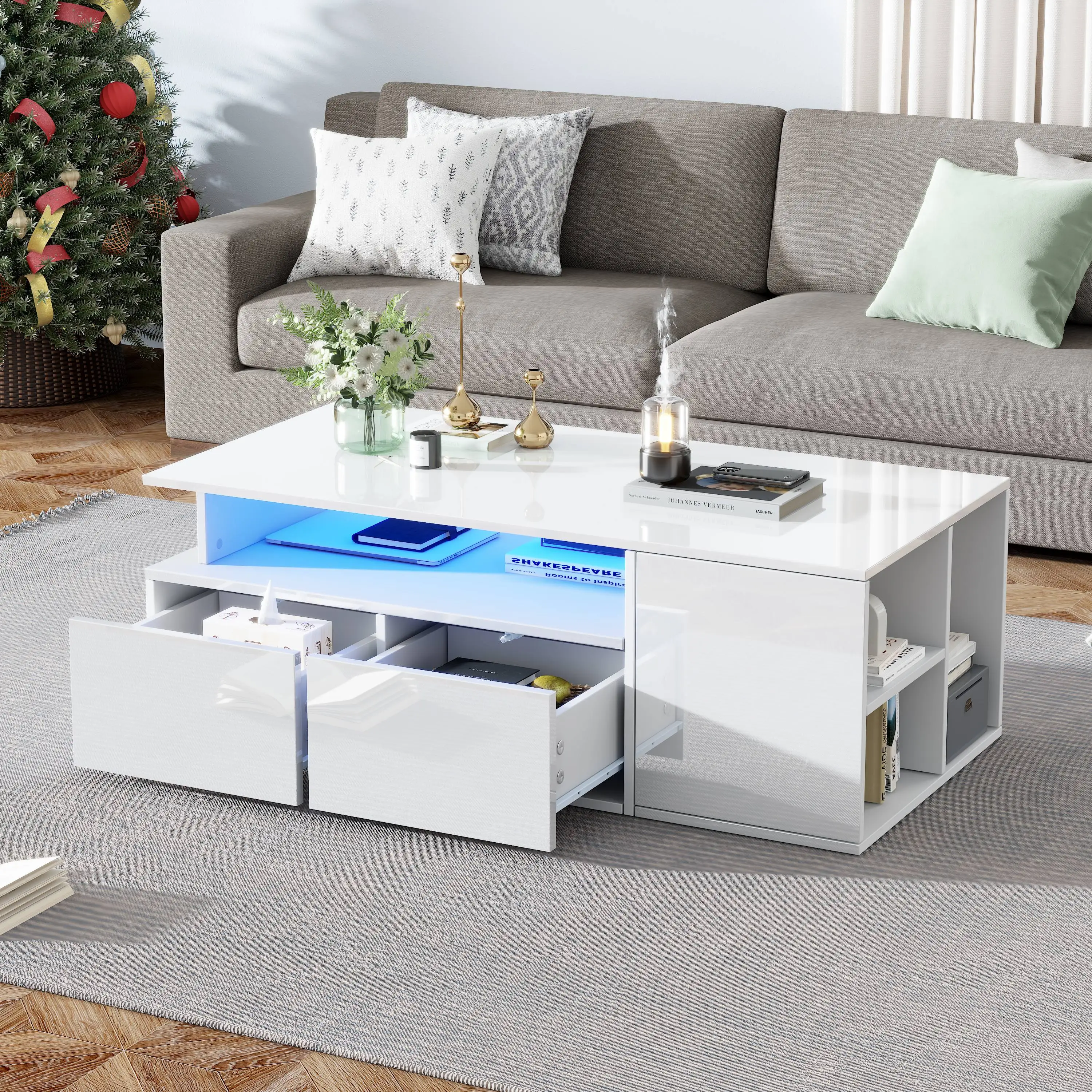 KOMHTOM Teetisch mit LED - Couchtisch mit 2 Schubladen, Kaffeetisch mit 60kg Tragfähigkeit und viel Stauraum – Detail 6