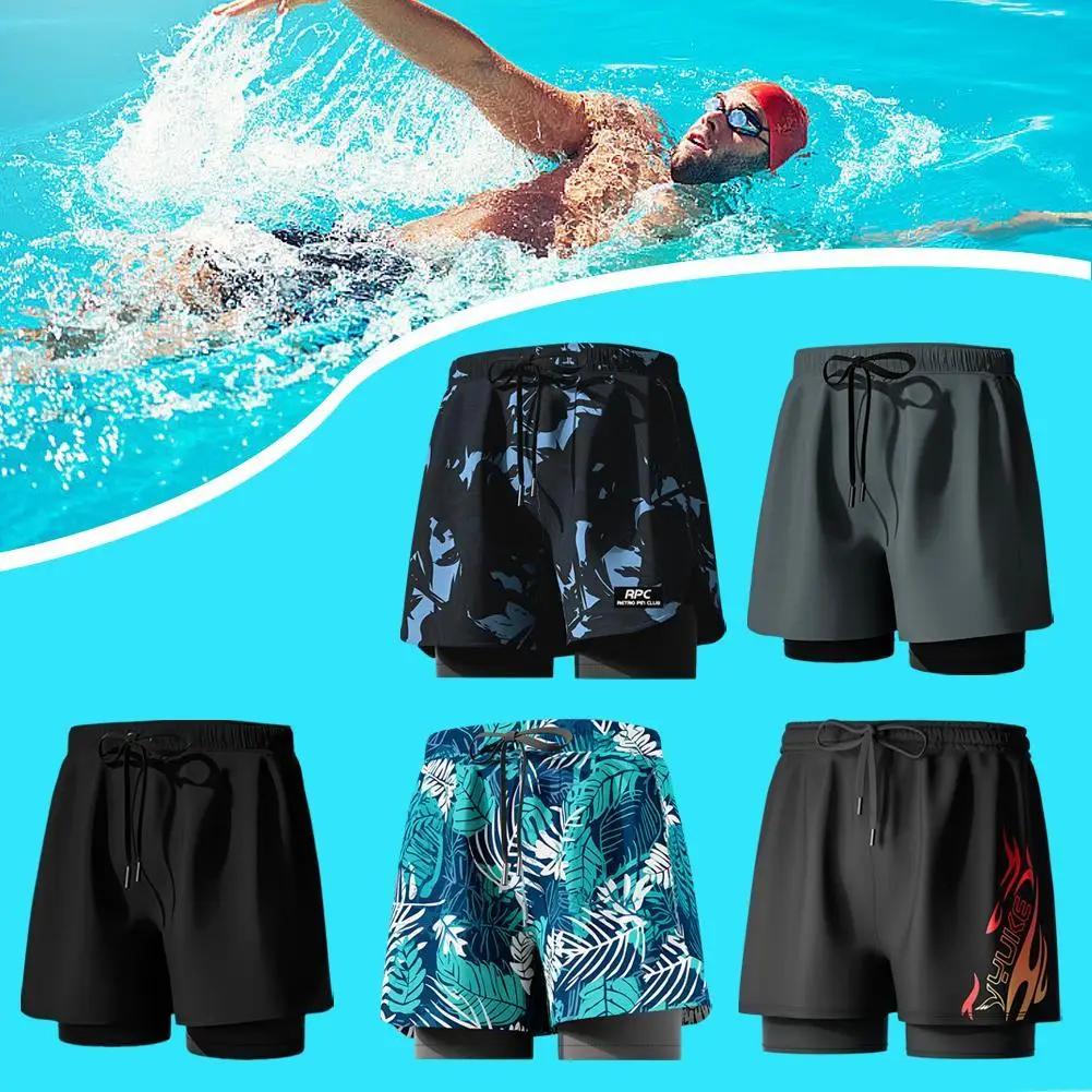 

Mens Swimming Trunks With Compression Liner Stretch Mens Swimwear 2 In 1 Quick Dry Running Gym Swim Shorts For Men