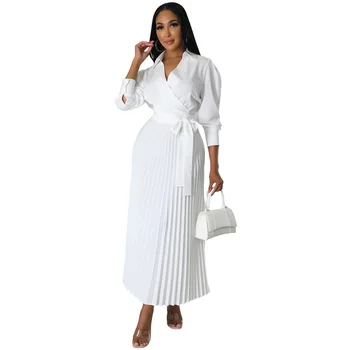 Autumn Elegant African Long Sleeve V-neck Pleat Long Dress Maxi Dress Dashiki African Clothing African Party Dresses for Women