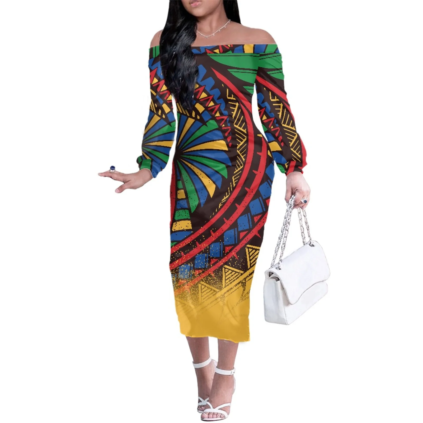 

Polynesian Tribal Samoan Totem Tattoo Samoa Prints 2023 MIMI Hot Sale Summer Beach Sun Screen Long Sleeve Long Dress Casual Wear