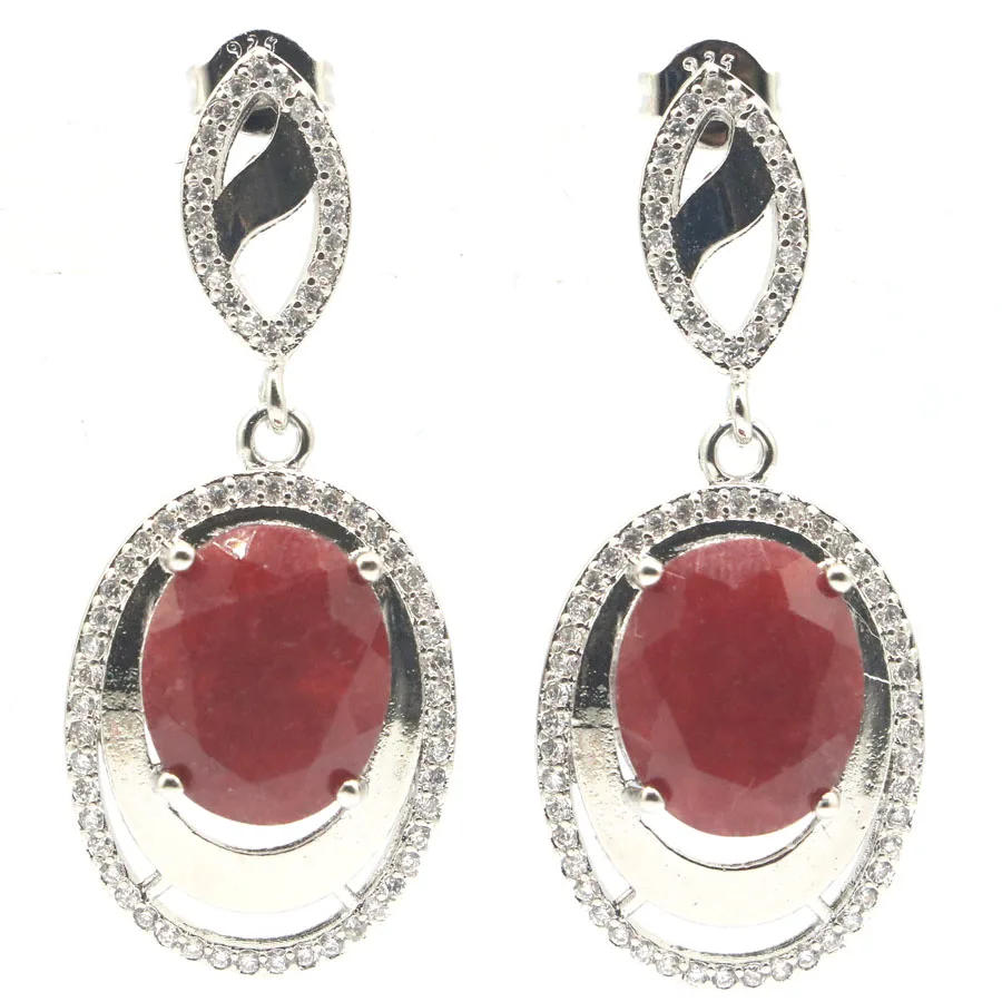 

38x16mm Charming Real Red Ruby CZ Ladies Engagement Silver Stud Earrings