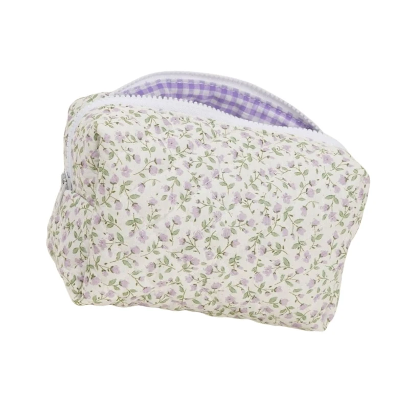 Fashionable Large Cosmetic Pouches Quilted Floral Cotton Toiletry Bag With Zippered Closure Travel Makeup Storage Case