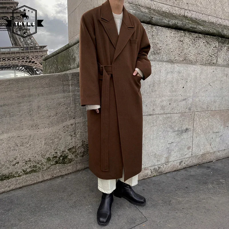 

High Quality Long Style Woolen Overcoat Mens Streetwear Double-sided Coats Male Fashion Solid Simple Loose Trench Autumn