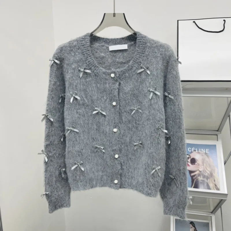 

Kawaii Bow Knitted Cardigan Women Long Sleeve Grey Sweater Korean Casual Cardigan For Women Harajuku Loose Coat
