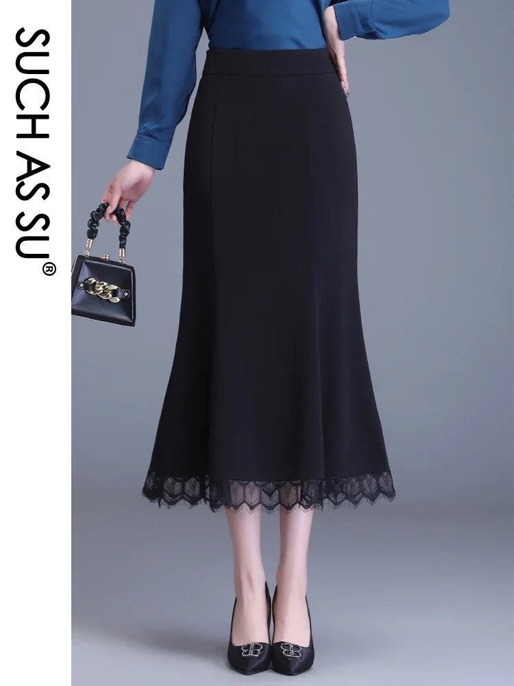 Spring Summer 2023 Women Ruffles Black Camel Mid Long Mermaid Skirt High Waist S-XXXL Slim Knitted Lace Mid Long Skirt Female
