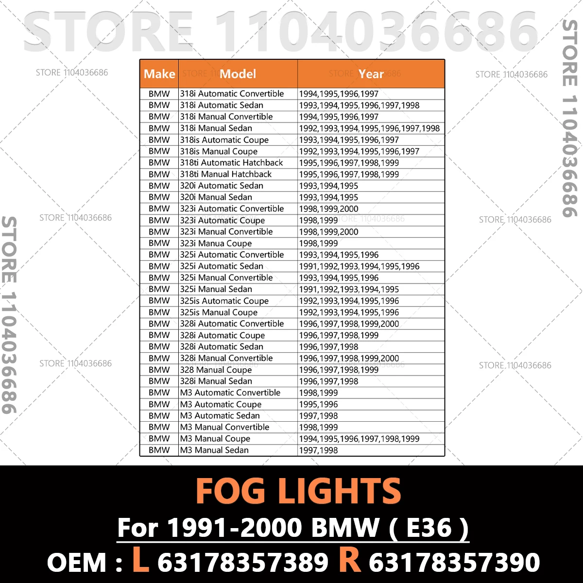 1991-2000 BMW 318i 318is 318ti 320i 323i 325i 325is 328i M3 E36 앞 범퍼 안개등 (전구 없음) 63178357389 63178357390