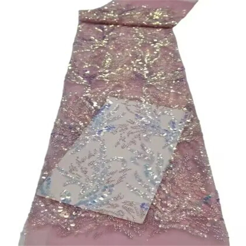 

Pink New Arrival Beads Sequence Lace Fabric 2023 African Fabrics With Beads Embroidered Tulle Lace Shiny for Evening Dresses