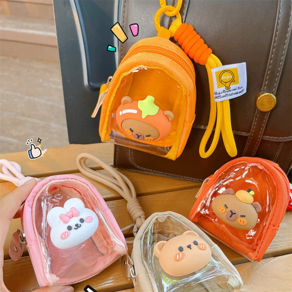 Capybara Transparent Pouch Keychain Panda Cartoon Doll Outdoor Storage Bag Cute Handle Rope Mini Coin Purse Girls Earphone Case