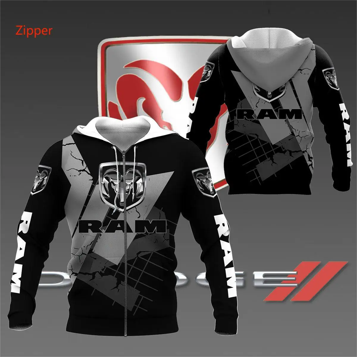 2023 Spring and Autumn Sports Personality Street Men's and Women's Racing Jacket 3D Motorcycle Dodge Challenger Hoodie Zipper