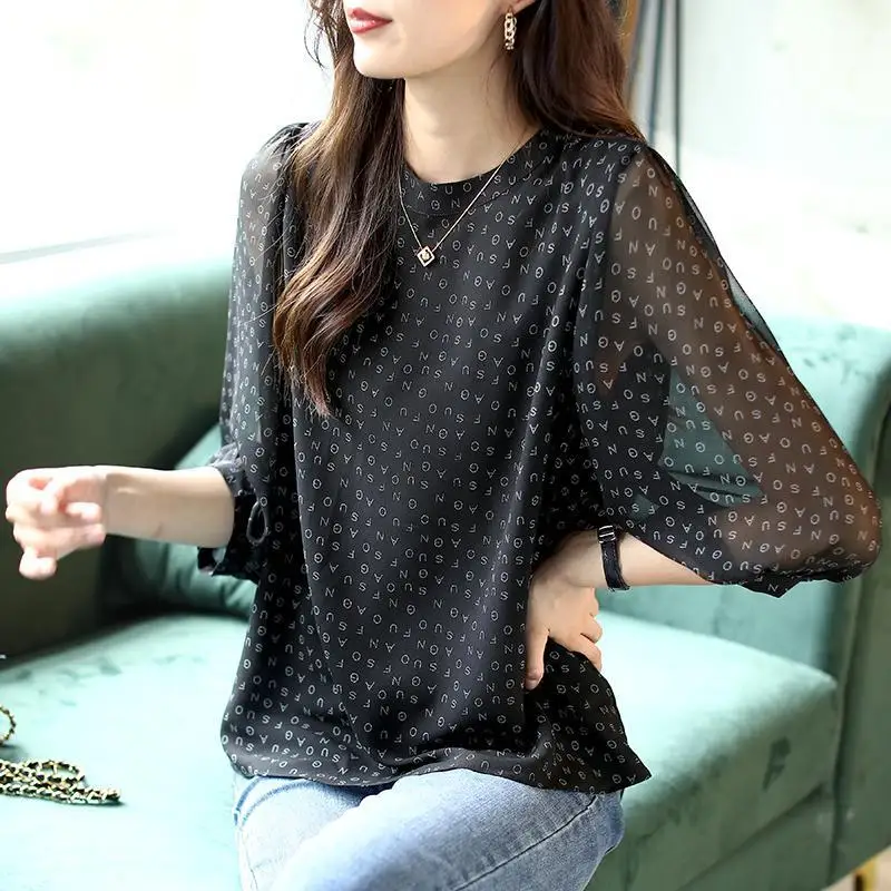 Vintage Printed O-Neck Puff Sleeve Letter Chiffon Blouse 2024 Summer New Commute Pullovers Loose Oversized Casual Shirt