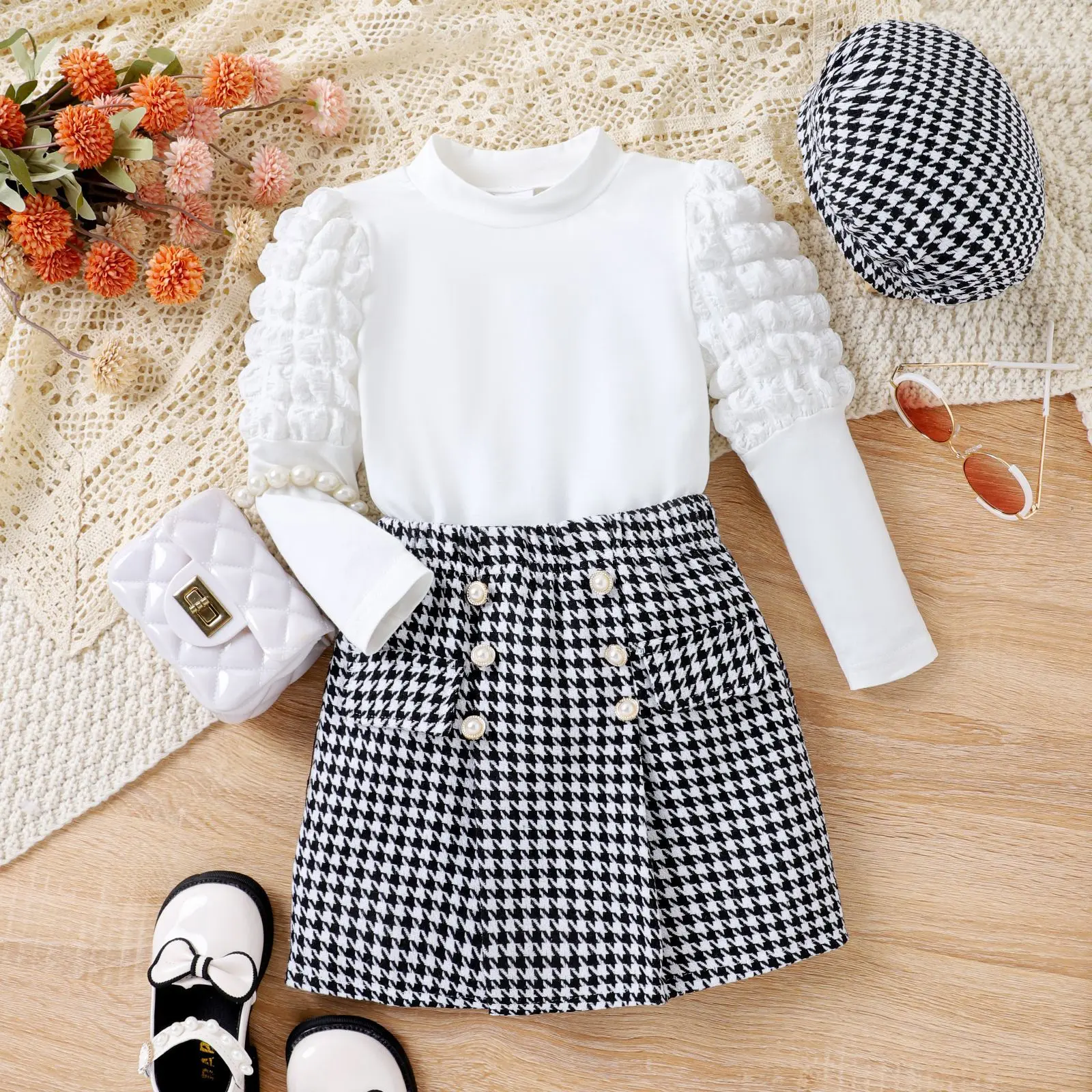 

4-7Y Fashion Girls Suit Autumn Winter Childrens Bubble Sleeve Top+Houndstooth Skirt+Hat 3Pcs Suit Girls Birthday Present Clothes