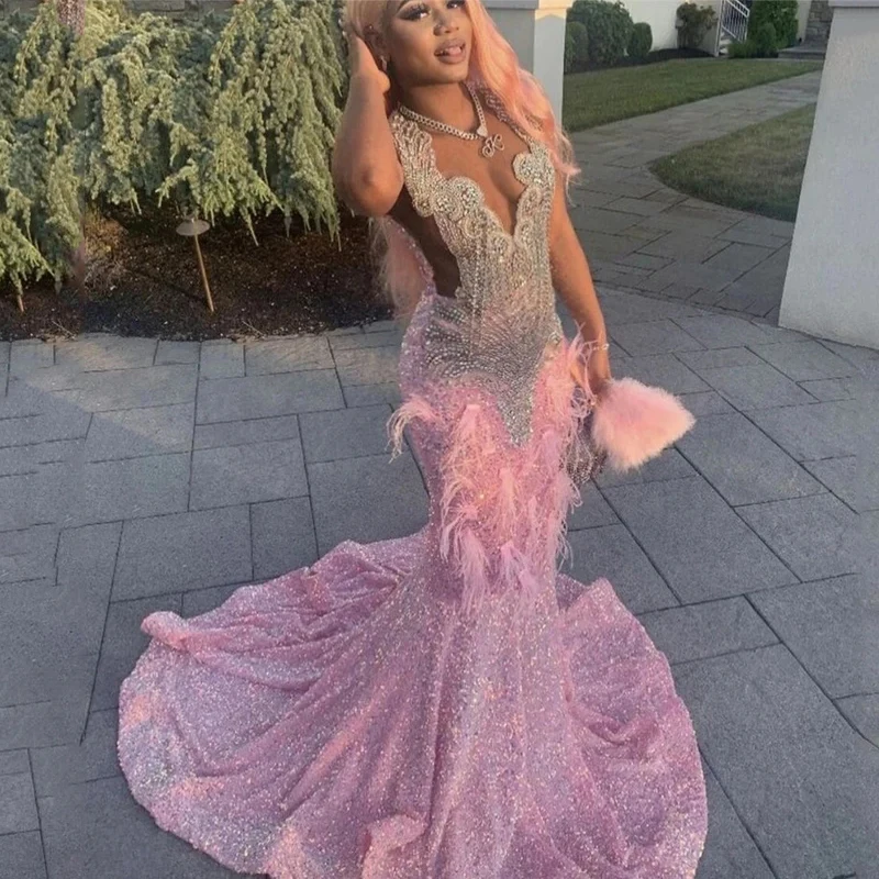 

luxury Sequin Pink Prom Dress For Black Girls With Feather Rhinestone Beaded Evening Gowns Pageant Formal Luxury Arabic Dubai