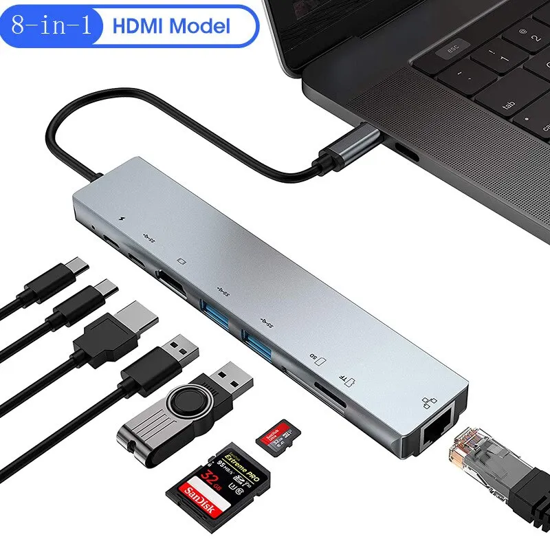 8in1 USB C HUB Type C Splitter 4K Thunderbolt 3 Docking Station Laptop Adapter For Macbook Air M1 iPad Pro RJ45 HDMI Computer 5