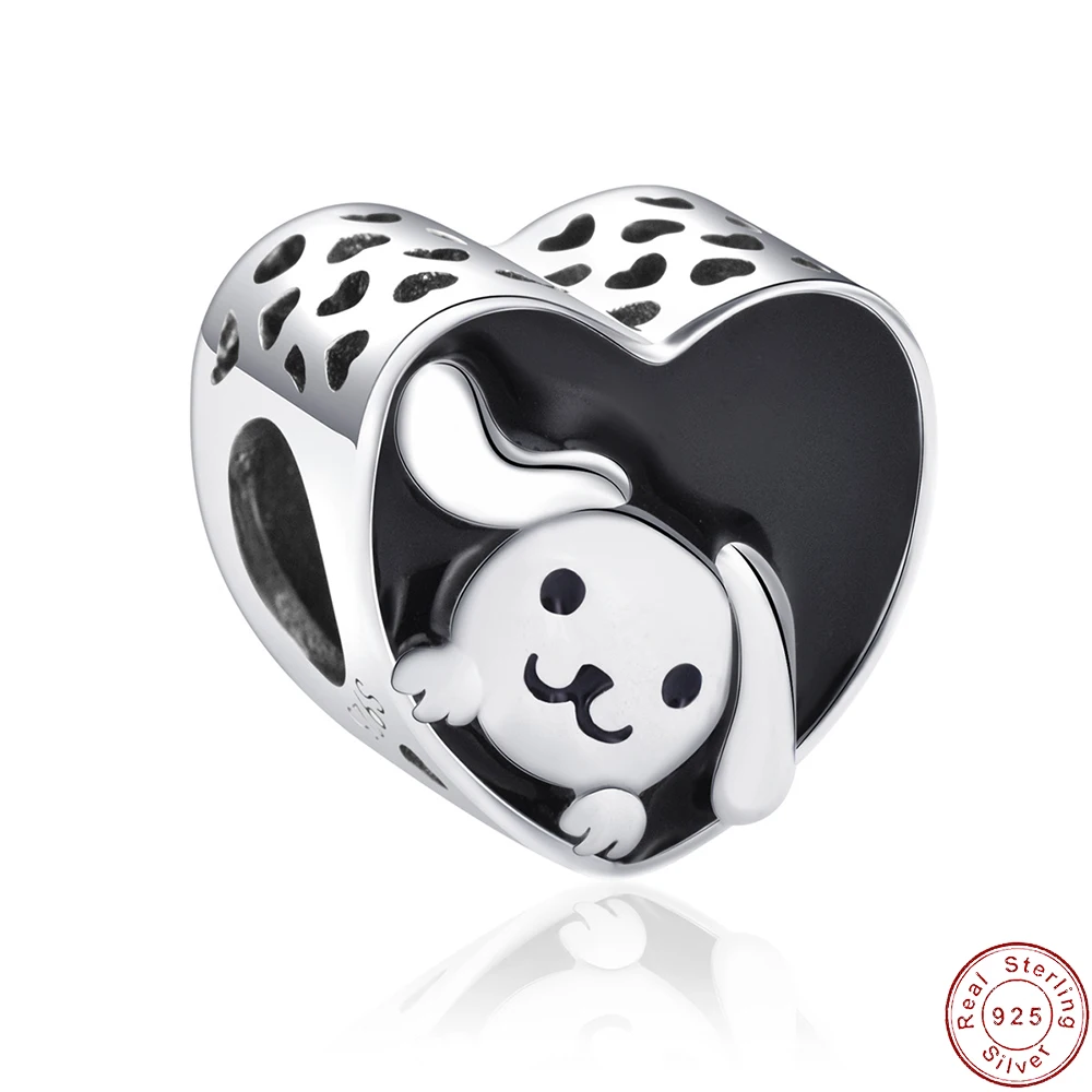 

European S925 Sterling Silver Black Enamel Cute Dog Animal DIY Charm Bead For Original Women Bracelet Necklace Chain Jewelry