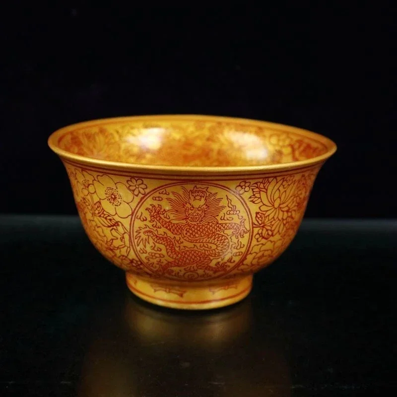 

Изысканная китайская характеристика, Золотой благоприятный дракон и цветы, долговечность, фарфоровая чаша