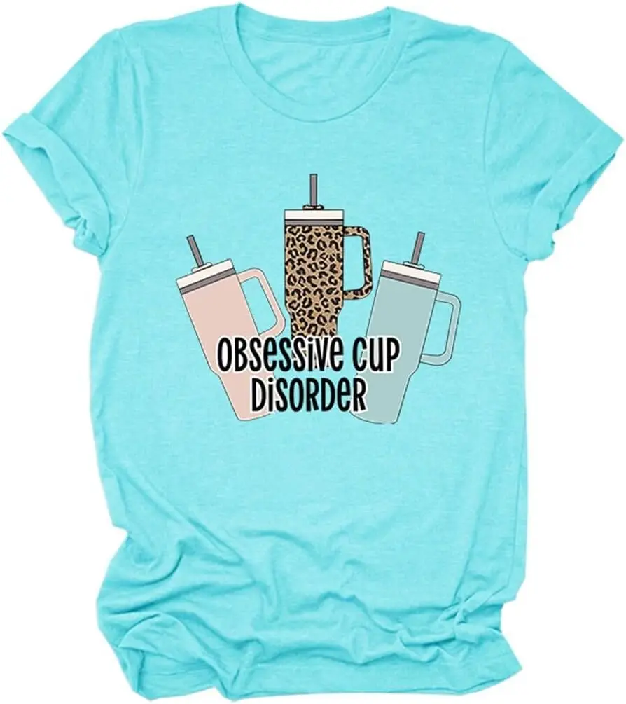 

Women's T-Shirt Obsessive Cup Disorder Leopard Cute Bottle Pattern Tees Women Cute Shirts Short Sleeve Casual Tops