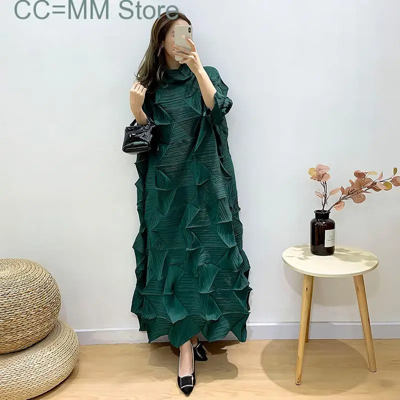 

New Dress for Women Loose Fold Turtleneck A-Line Vintage Long Dresses Lady Elegant Clothes