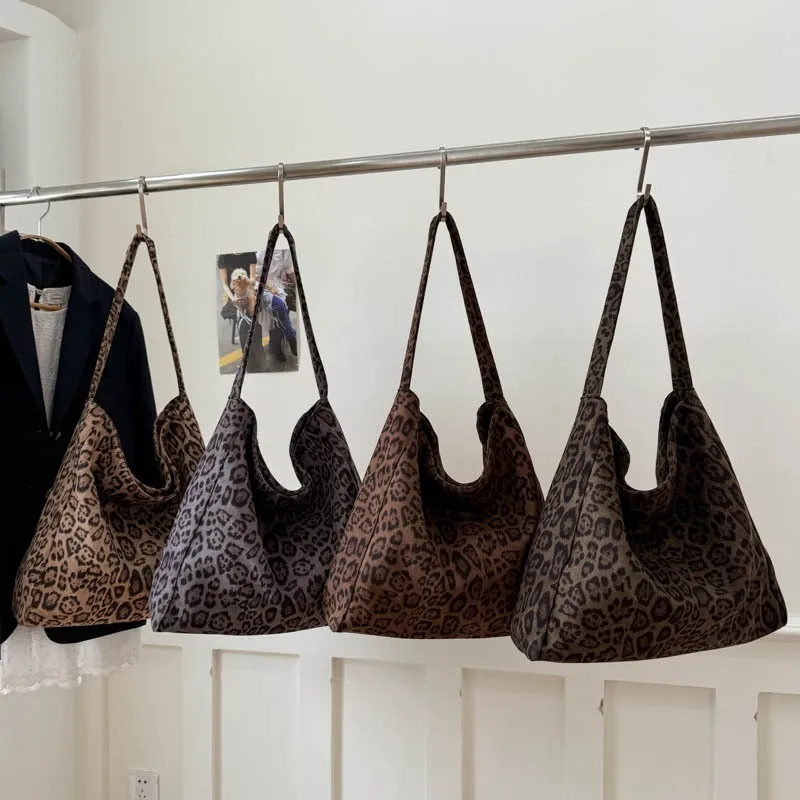 Autumn Winter Vintage Leopard Women's Tote Bag Large Capacity Suede Shoulder Bag Solid Simple Casual Handbags For Work Shopping