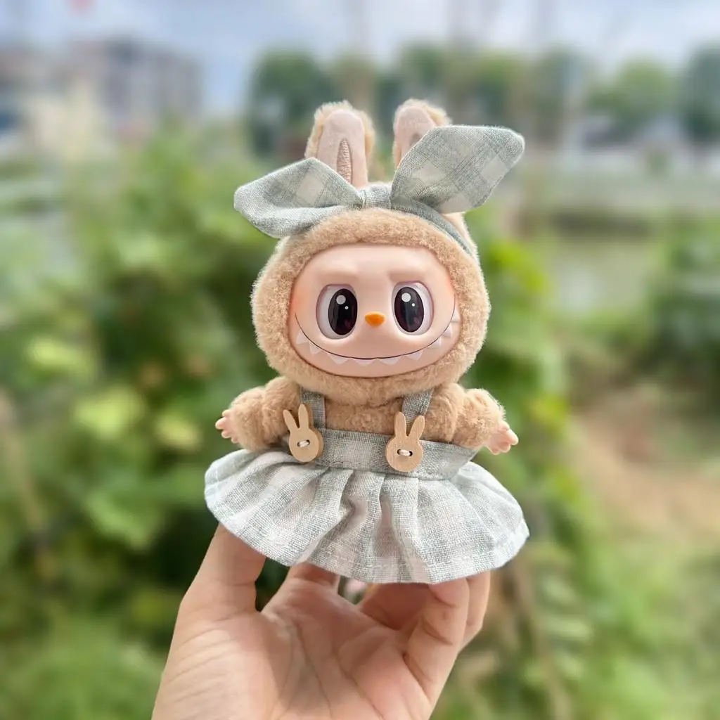 Mini Plush Doll'S Clothes Outfit Accessories For Labubu Idol V1 V2 sitting party Candy plaid skirt headband set Clothing Gift 4